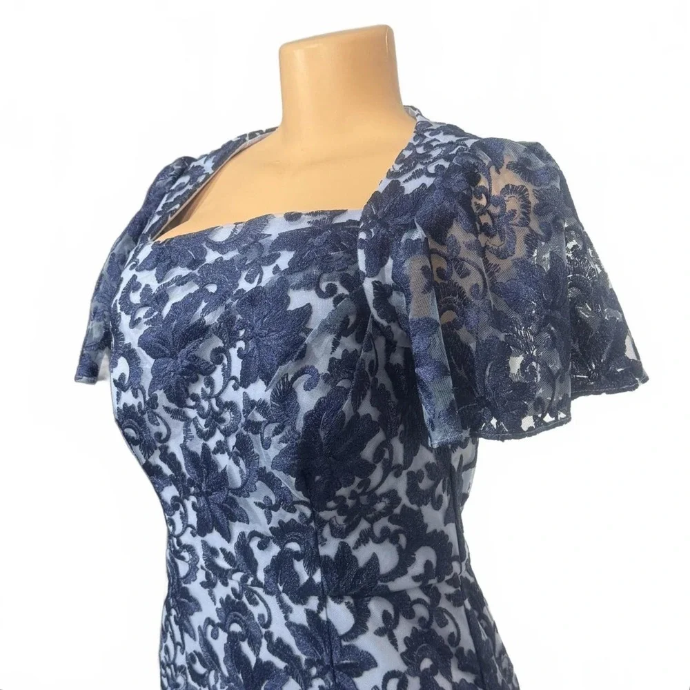 JS Collections Navy Lace Overlay Square Neck‎ Dress Short Flutter Sleeves Size 4